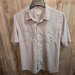 Orvis Woven Tech Shirt Men's Large Gray Check Short Sleeve Button-Up Two Pocket